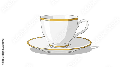 Elegant White Teacup and Saucer with Golden Trim Vector Illustration.
