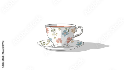 Floral Tea Cup and Saucer Illustration with Delicate Flower Pattern.