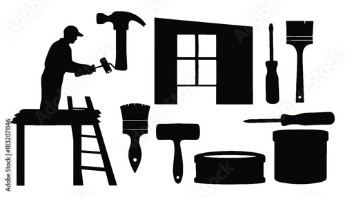 Silhouette of construction worker and tools on a white background