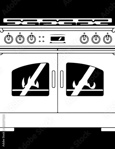 A minimalist black and white vector illustration of a large professional-grade kitchen range, featuring a double oven with visible flames and a cooktop