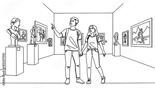 Couple visiting art museum looking at sculptures and paintings together