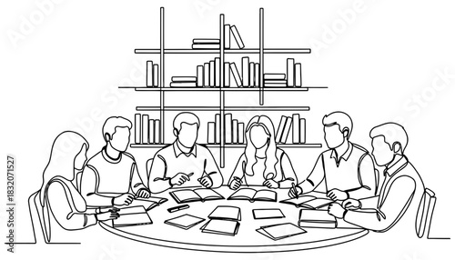People studying together at round table with bookshelf in background