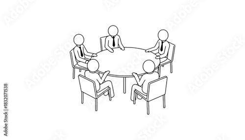 Drawing of five stick figures in suits sitting around a round table