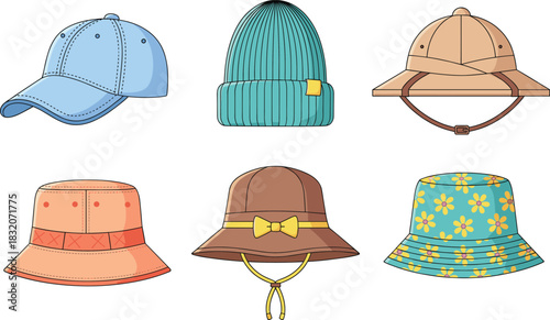 Vector Illustration Set of Various Hats, Beanie, Baseball Cap, Bucket Hat, and Safari Headwear