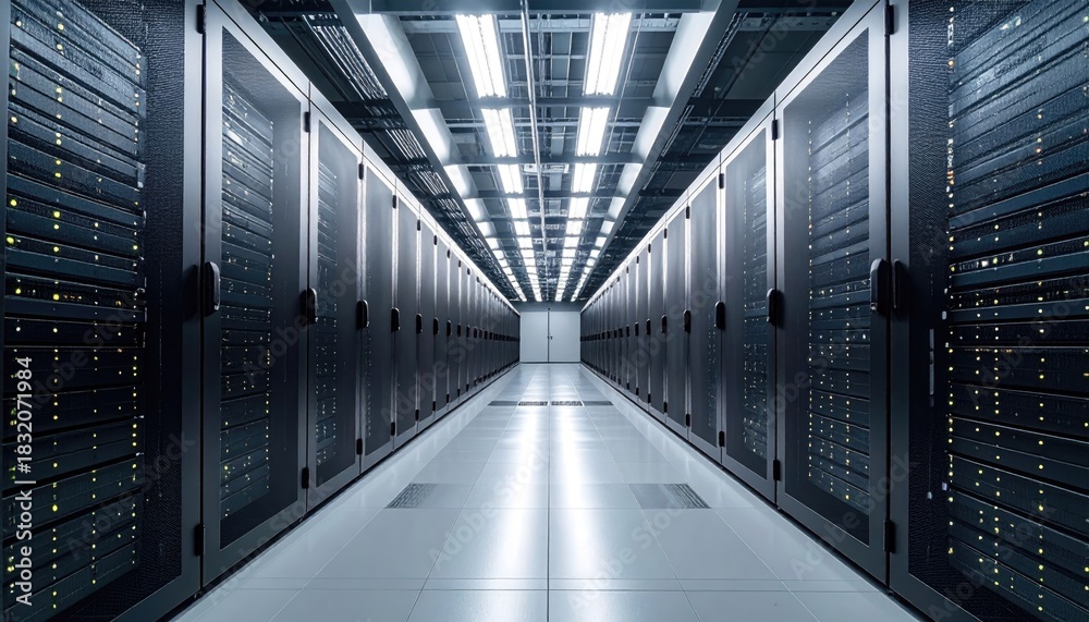 Fototapeta premium Illuminated Server Room Aisle With Racks Of Computers And Data Storage Equipment Under Bright Fluorescent Lights