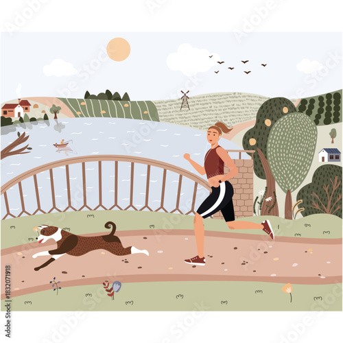 Vector woman running over rural scene illustration