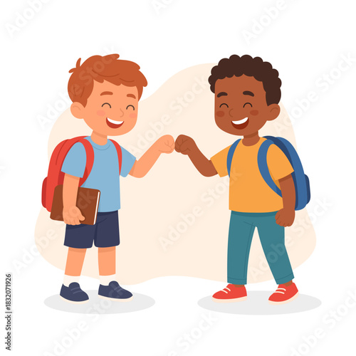 Two happy schoolboys cartoon characters strengthening friendship with fist bump gesture cartoon scene. Mutual respect, positive classmates bonding and solidarity