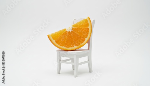 Orange Slice Sitting on Tiny Chair on White Background