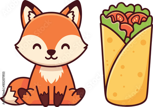 Adorable Cartoon Fox Sitting Next to Burrito or Wrap Vector Illustration, Cute Animal and Mexican Food