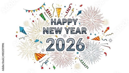 Cheerful Happy New Year 2026 Celebration with Festive Decorations