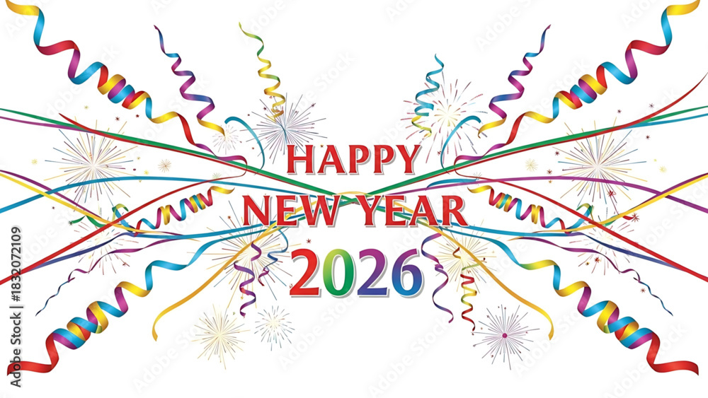 Naklejka premium Festive Happy New Year 2026 Celebration with Streamers and Fireworks