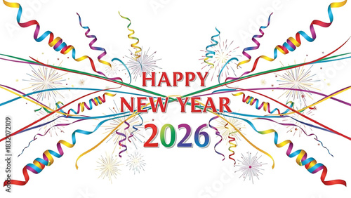 Festive Happy New Year 2026 Celebration with Streamers and Fireworks