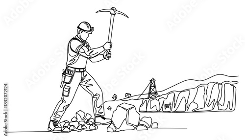 Single line drawing of a miner working at a mine with a pickaxe tool
