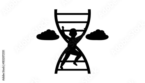Silhouette of person climbing ladder with clouds on a white background