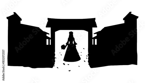 Silhouette of bride walking through gate with buildings on the sides