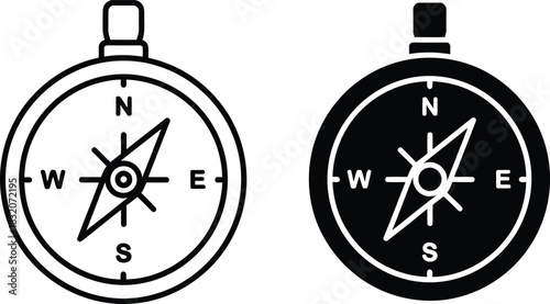 Two compass icons one outlined and one solid vactor black with white details navigation