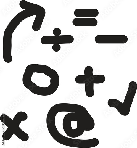Hand drawn mathematical, communication and general icon symbols vector