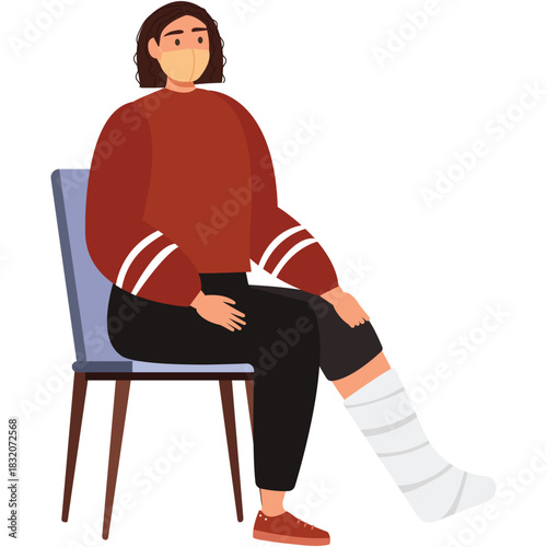 Woman in face mask with broken leg vector icon