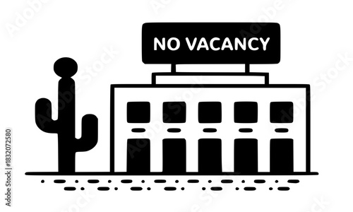 Hotel or Motel Building with No Vacancy Sign and Cactus Icon, Simple Line Art and Solid Black Silhouette, Desert Travel and Lodging Concept Vector