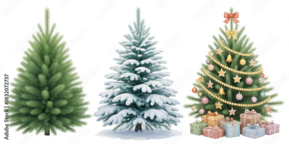 Fototapeta premium Three distinct evergreen trees including a decorated christmas tree