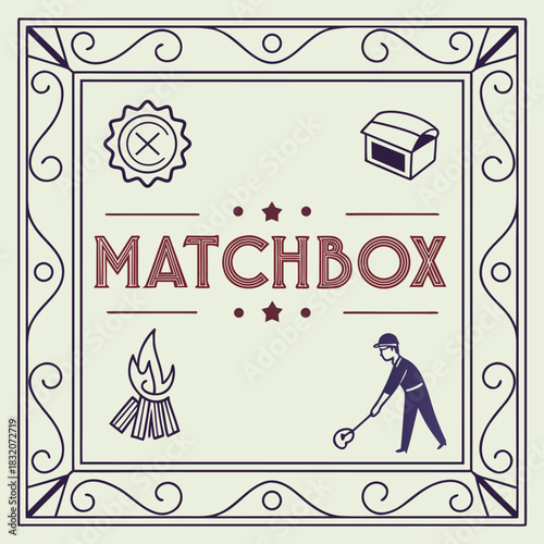 Vintage matchbox design featuring fire a man and decorative elements