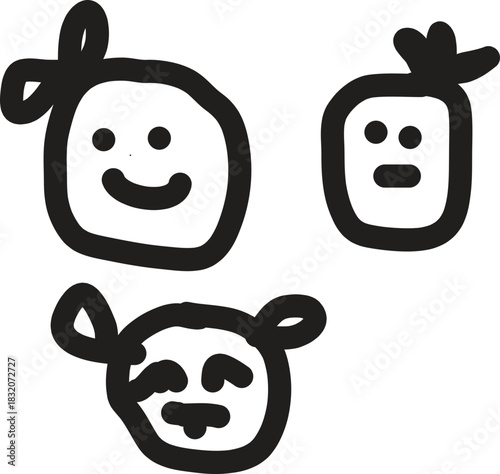 Simple hand drawn doodle faces depicting various emotions and expressions joy.