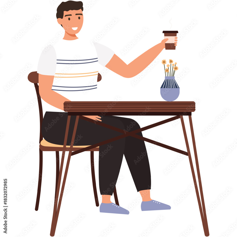 Fototapeta premium Man drink coffee in cafe sit at table vector