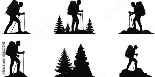 Hiking silhouettes with backpacks and poles in varied poses