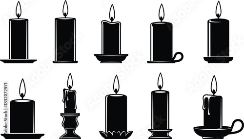 Candle silhouette vector set, black wax icons, vintage holder designs, burning flame graphics, gothic decor elements, spiritual light illustration pack