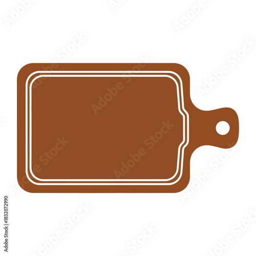 Brown rectangular cutting board illustration with a handle and a decorative white double-line border.