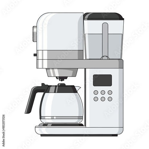 Sleek white drip coffee maker with a clear water tank and glass carafe, featuring a digital control panel.