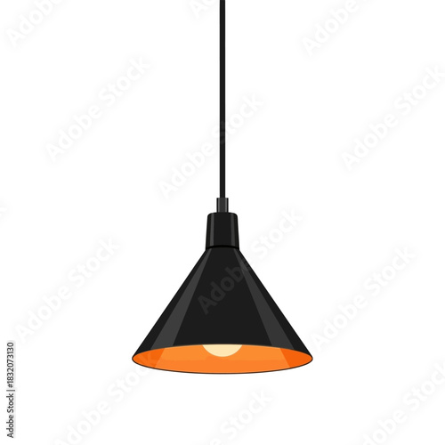 Sleek black conical pendant lamp with a vibrant, warm orange interior and a single light bulb.