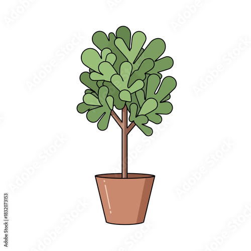 Stylized cartoon topiary plant with lush, rounded green leaves in a simple brown pot.