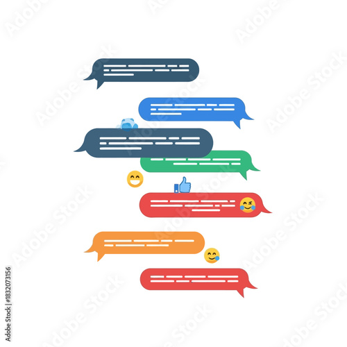 Stacked Multicolored Chat Bubbles with Emojis and Icons Representing Digital Communication.