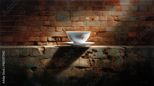 A decorative teacup and saucer sit on a weathered brick ledge, lit by a dramatic beam of light, creating strong shadows.