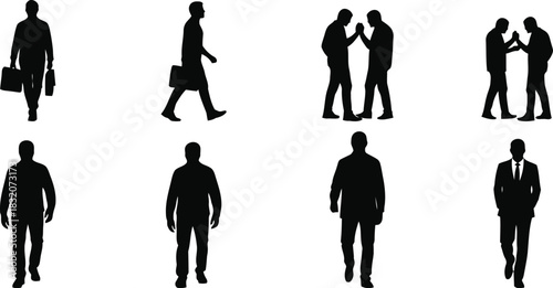 Business people silhouettes diverse group of men walking and talking