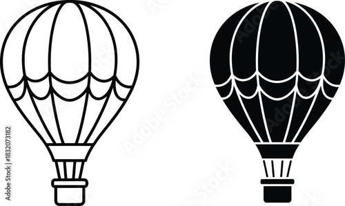 Two hot air balloon icons one outlined and one solid vactor black airship zeppelin