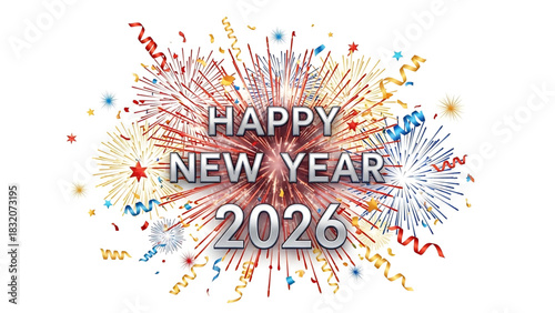 Exciting Happy New Year 2026 Celebration with Confetti and Fireworks