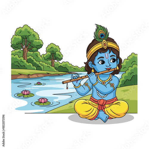 Adorable Lord Krishna playing flute by river with lotus flowers in peaceful nature scene for religious holiday celebration