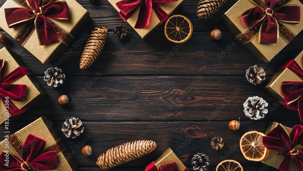 Fototapeta premium Christmas Frame with Gold Gifts Red Ribbons and Pine Cones on Dark Wooden Background.
