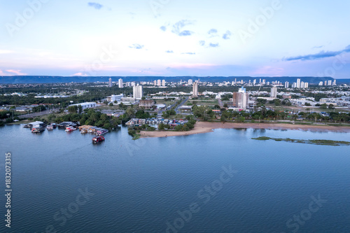 Beautiful aerial view of Palmas city skyline, Tocantins river buildings and streets on a summer day. The newest capital in Brazil. Concept of architecture, urban, modern, travel, tourism, destination.