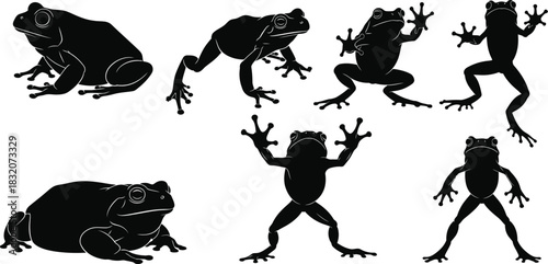 Seven frog silhouettes in various poses on a white background
