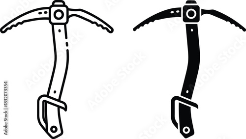 Two ice axe icons one outline one solid vactor black on white background climbing tool
