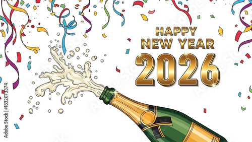 Golden 2026 New Year celebration with champagne bottle and confetti