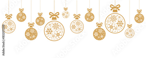 Elegant horizontal border of hanging gold Christmas baubles with white snowflake designs on white background, ideal for festive banners, greeting cards, invitations and modern holiday web or print pro