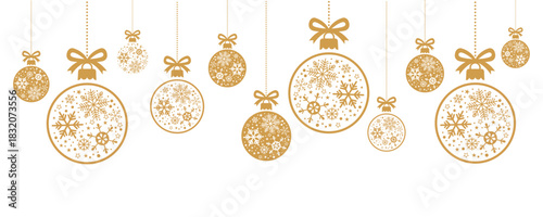 Elegant horizontal border of hanging gold Christmas baubles with white snowflake designs on white background, ideal for festive banners, greeting cards, invitations and modern holiday web or print pro