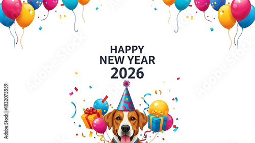 Cheerful Happy New Year 2026 celebration illustration with dog and balloons.