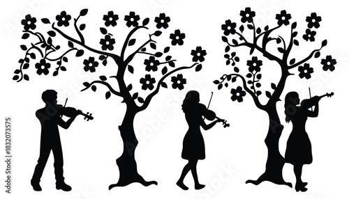Silhouettes of violinists playing under flowering trees in black and white