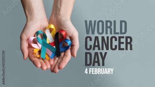 Hands holding colorful cancer awareness ribbons for world cancer day