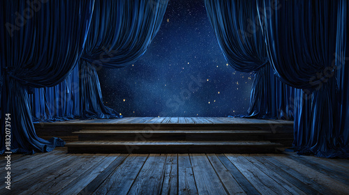 A captivating stage with an empty stage and elegant blue curtains. The stage is made of wood, giving it a classic and dramatic feel
